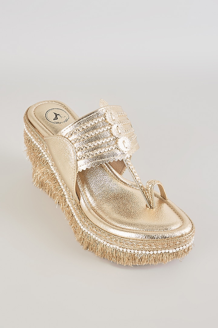 Gold Synthetic Leather Embellished Wedges by Sana K Luxurious Footwear at Pernia's Pop Up Shop