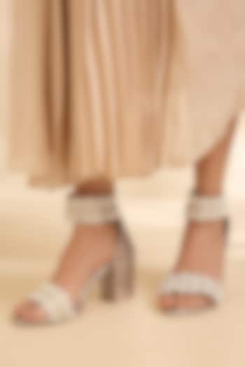 Gold Synthetic Leather Embellished Heels by Sana K Luxurious Footwear at Pernia's Pop Up Shop