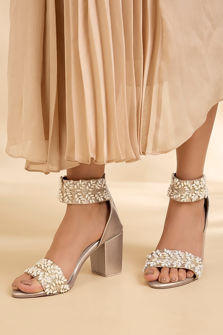 Gold Synthetic Leather Embellished Heels by Sana K Luxurious Footwear at Pernia's Pop Up Shop