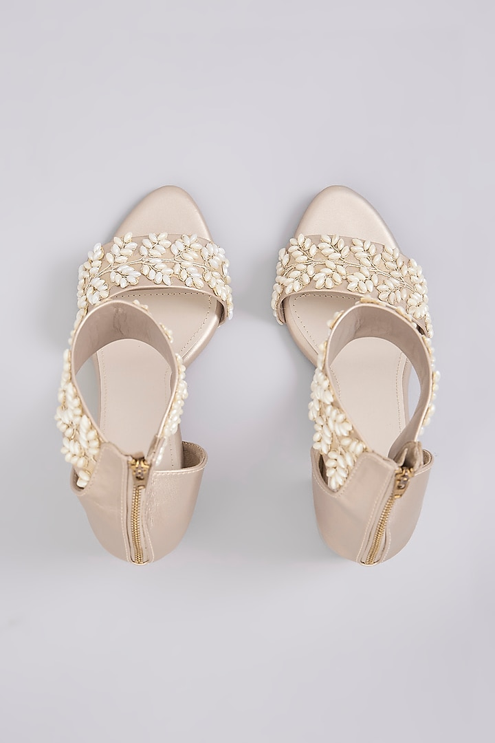 Gold Synthetic Leather Embellished Heels by Sana K Luxurious Footwear at Pernia's Pop Up Shop