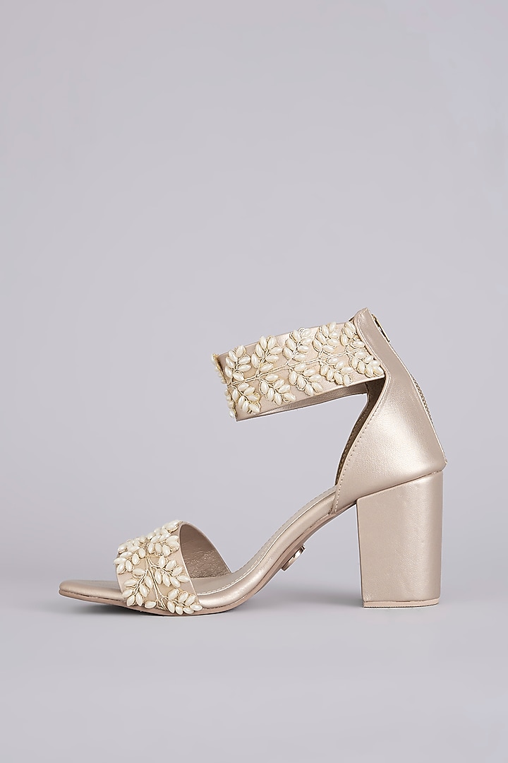 Gold Synthetic Leather Embellished Heels by Sana K Luxurious Footwear at Pernia's Pop Up Shop