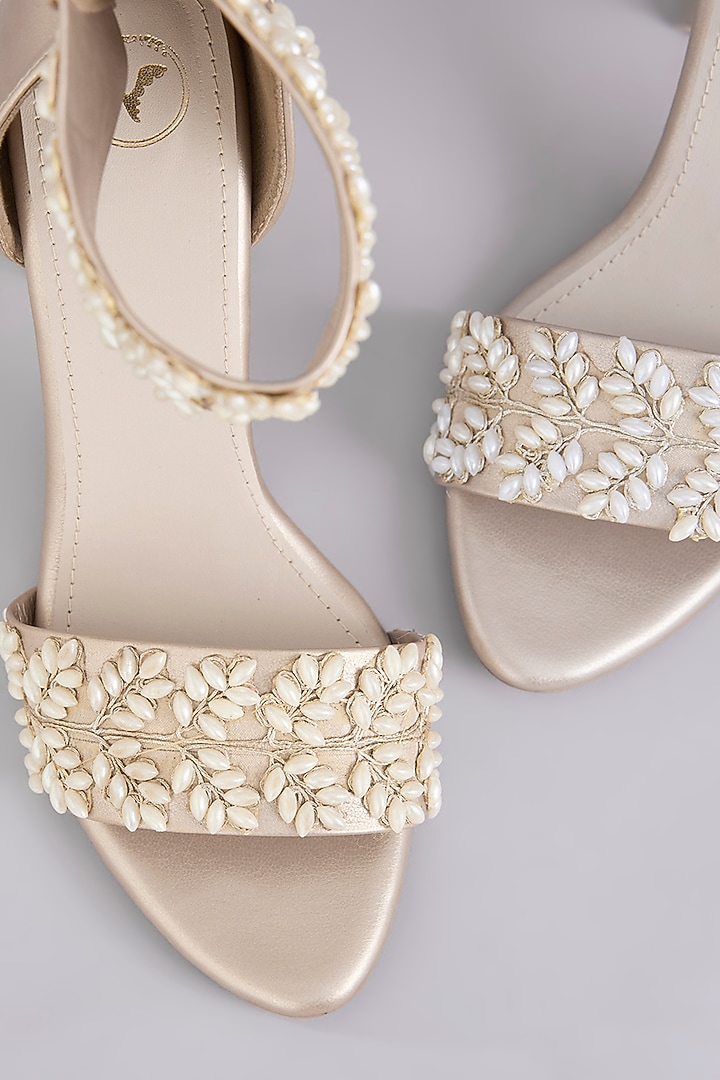 Gold Synthetic Leather Embellished Heels by Sana K Luxurious Footwear at Pernia's Pop Up Shop