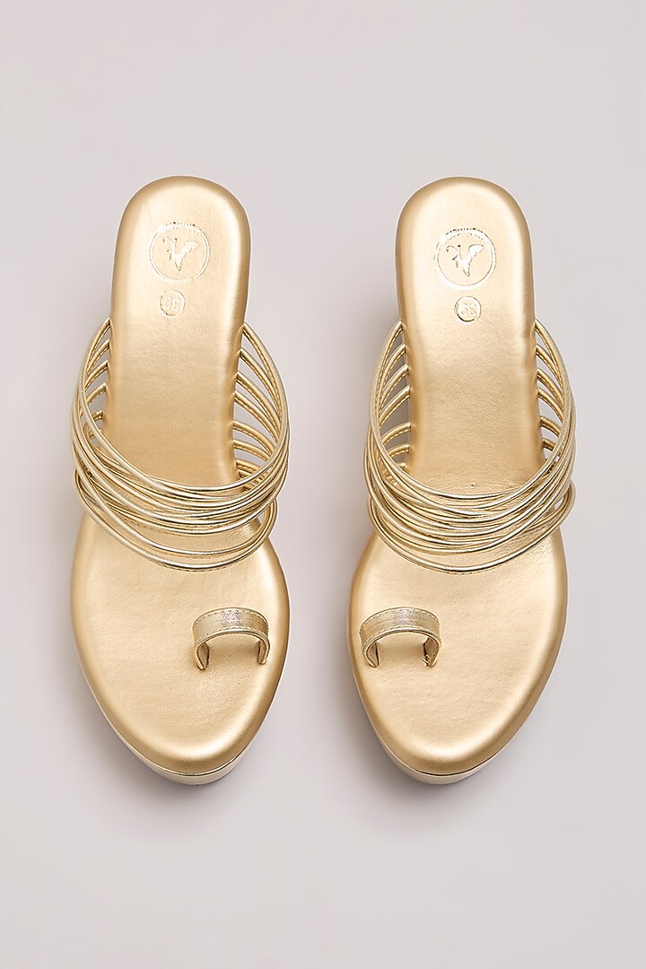 Gold Synthetic Leather & PU Leather Kolhapuri Wedges by Sana K Luxurious Footwear at Pernia's Pop Up Shop