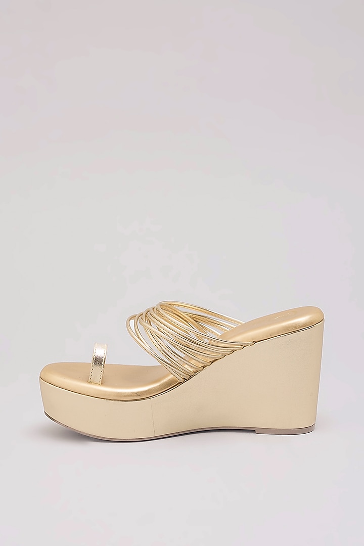 Gold Synthetic Leather & PU Leather Kolhapuri Wedges by Sana K Luxurious Footwear at Pernia's Pop Up Shop
