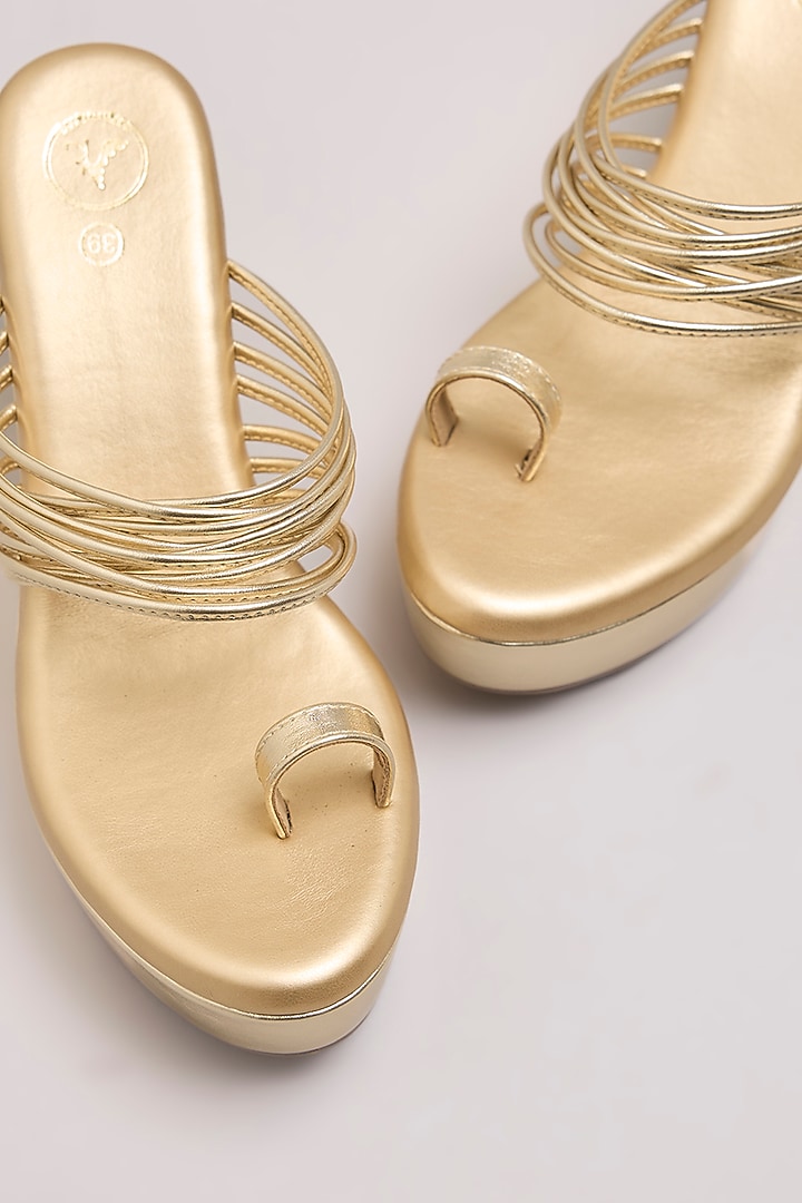 Gold Synthetic Leather & PU Leather Kolhapuri Wedges by Sana K Luxurious Footwear at Pernia's Pop Up Shop