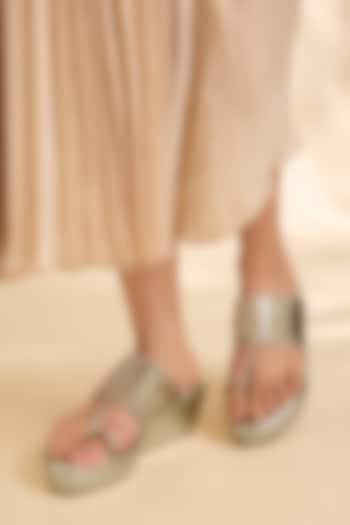 Gold Synthetic Leather Embellished Wedges by Sana K Luxurious Footwear at Pernia's Pop Up Shop