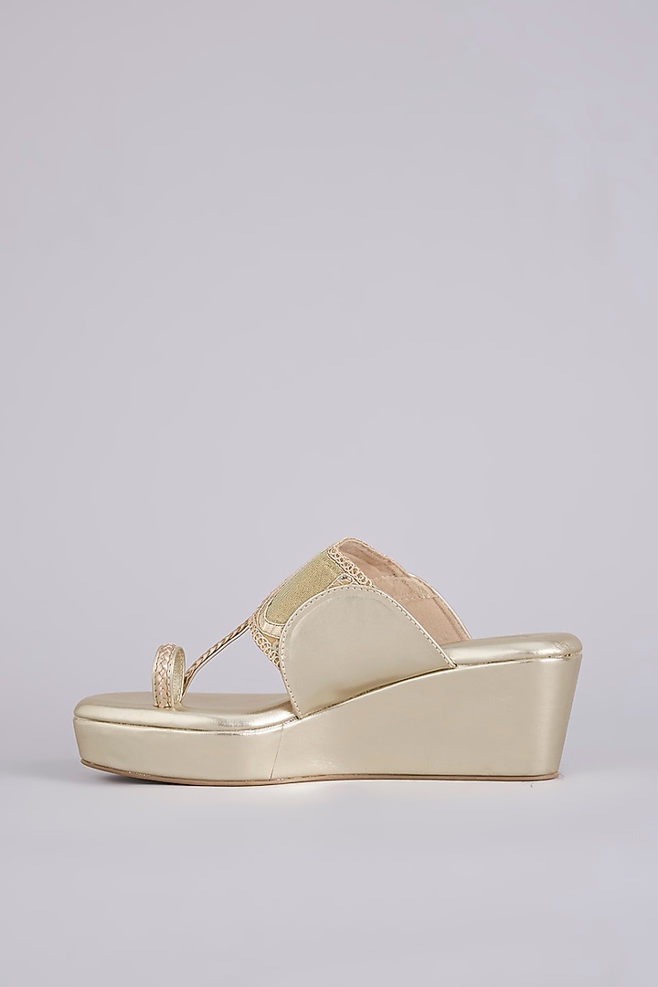 Gold Synthetic Leather Embellished Wedges by Sana K Luxurious Footwear at Pernia's Pop Up Shop