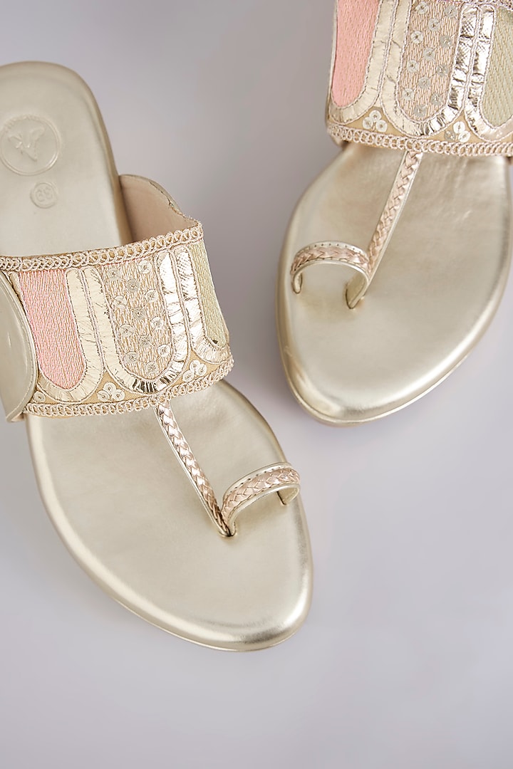 Gold Synthetic Leather Embellished Wedges by Sana K Luxurious Footwear at Pernia's Pop Up Shop