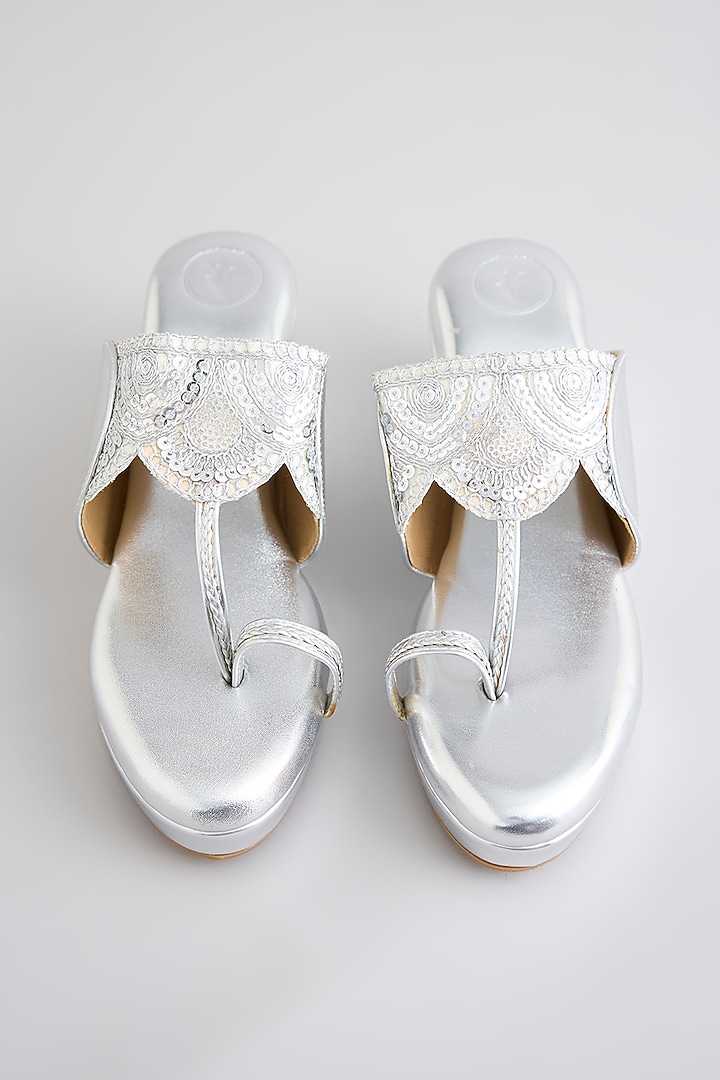 Silver PU & Synthetic Leather Wedges by Sana K Luxurious Footwear at Pernia's Pop Up Shop