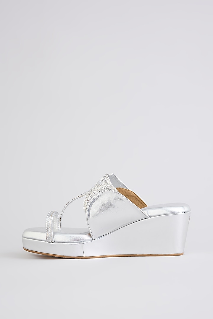 Silver PU & Synthetic Leather Wedges by Sana K Luxurious Footwear at Pernia's Pop Up Shop