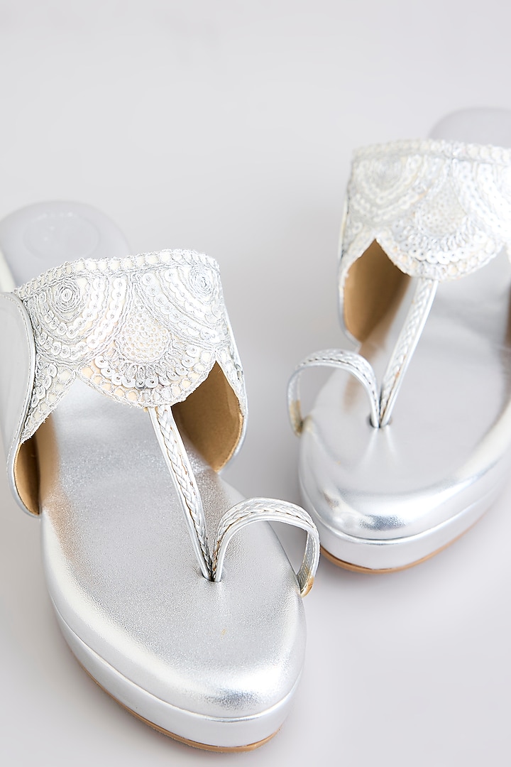 Silver PU & Synthetic Leather Wedges by Sana K Luxurious Footwear at Pernia's Pop Up Shop