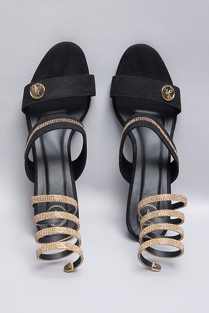 Black Synthetic Rhinestone Work Handcrafted Heels by Sana K Luxurious Footwear at Pernia's Pop Up Shop