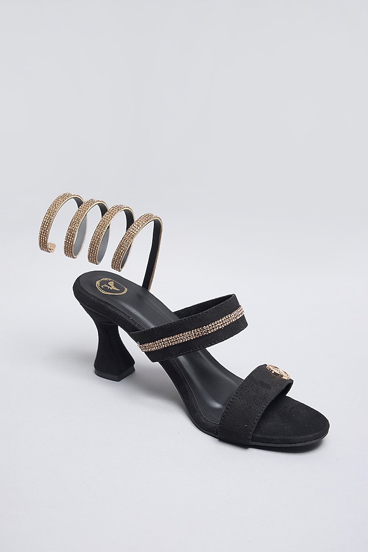 Black Synthetic Rhinestone Work Handcrafted Heels by Sana K Luxurious Footwear at Pernia's Pop Up Shop
