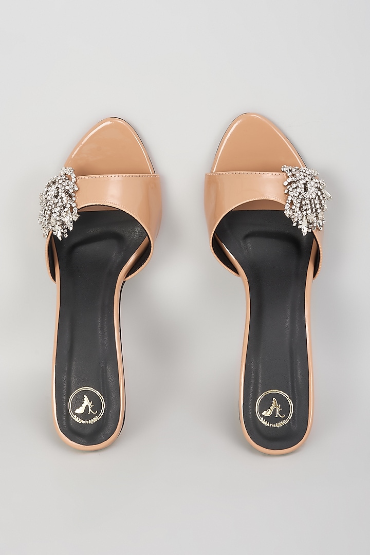 Beige Vegan Faux Leather Crystal Embellished Stilettos by Sana K Luxurious Footwear at Pernia's Pop Up Shop