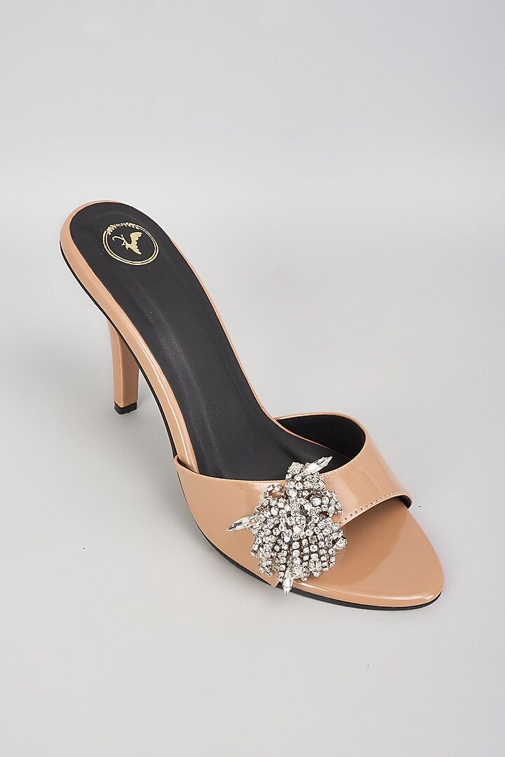 Beige Vegan Faux Leather Crystal Embellished Stilettos by Sana K Luxurious Footwear at Pernia's Pop Up Shop