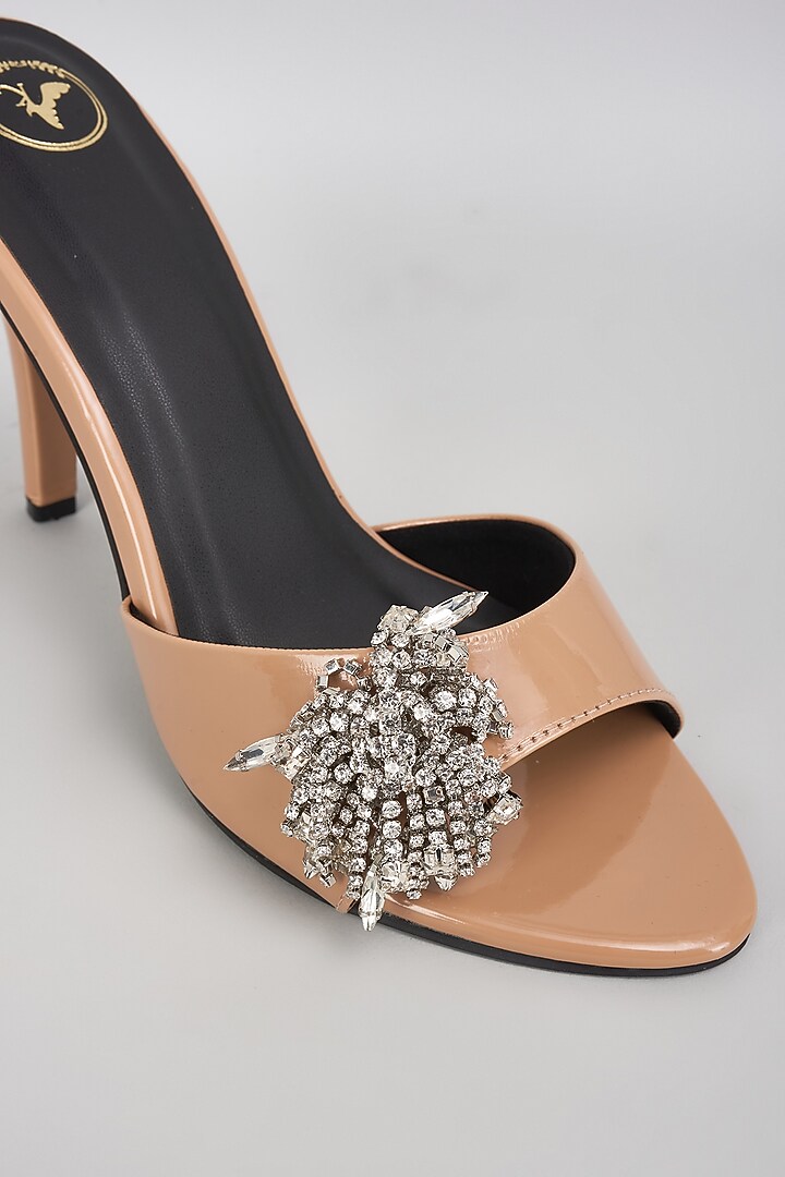 Beige Vegan Faux Leather Crystal Embellished Stilettos by Sana K Luxurious Footwear at Pernia's Pop Up Shop