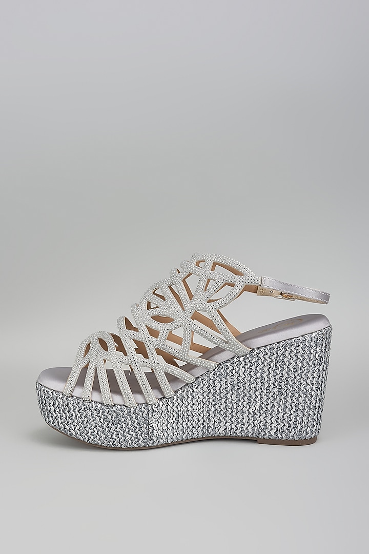 Silver Vegan Faux Leather Rhinestone Heels by Sana K Luxurious Footwear at Pernia's Pop Up Shop