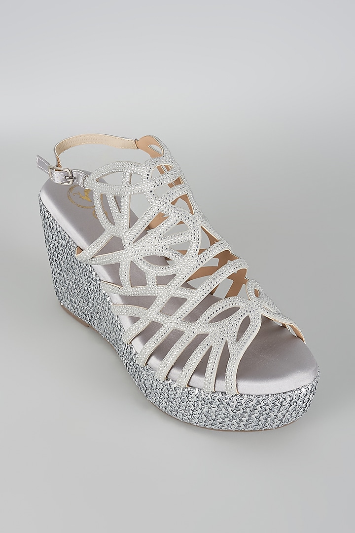Silver Vegan Faux Leather Rhinestone Heels by Sana K Luxurious Footwear at Pernia's Pop Up Shop