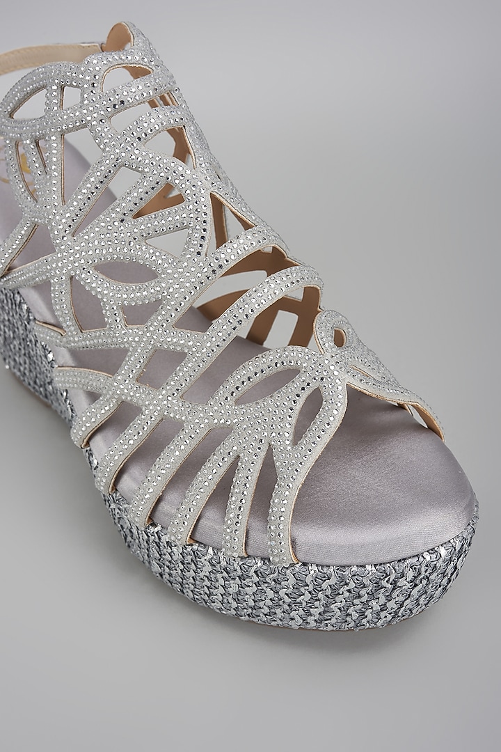 Silver Vegan Faux Leather Rhinestone Heels by Sana K Luxurious Footwear at Pernia's Pop Up Shop