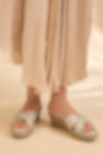 Beige Synthetic Leather Embellished Wedges by Sana K Luxurious Footwear at Pernia's Pop Up Shop