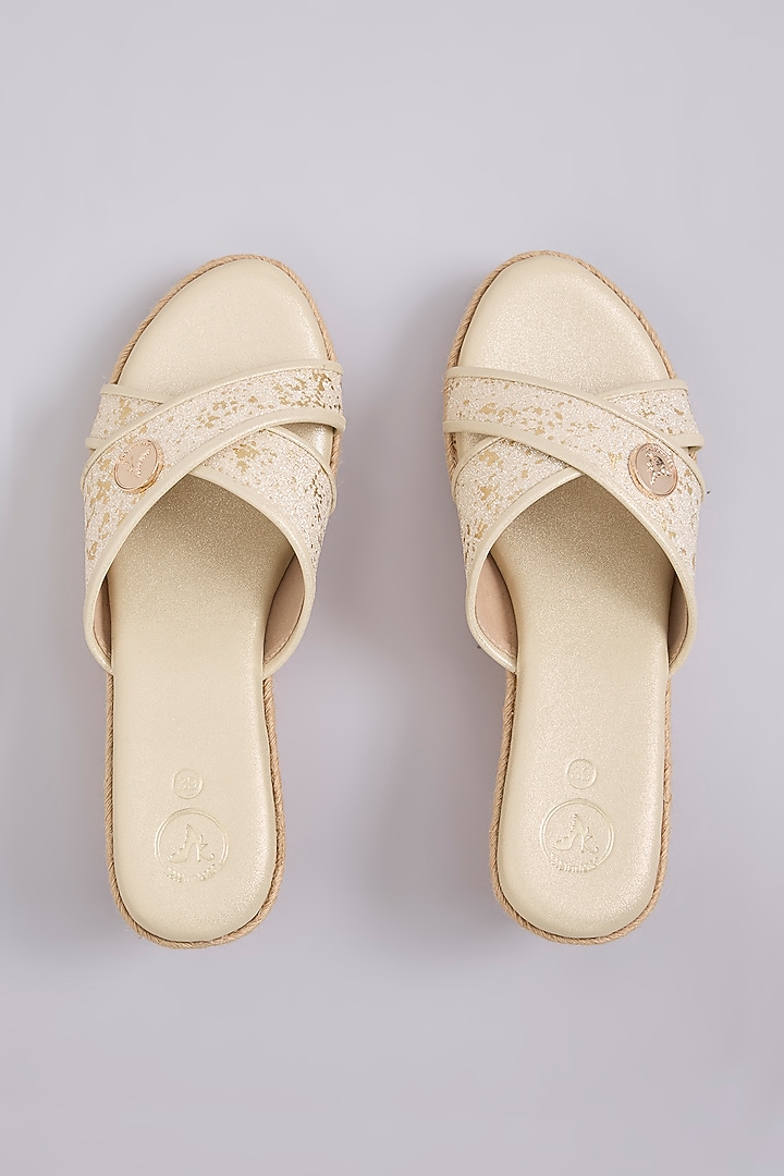Beige Synthetic Leather Embellished Wedges by Sana K Luxurious Footwear at Pernia's Pop Up Shop