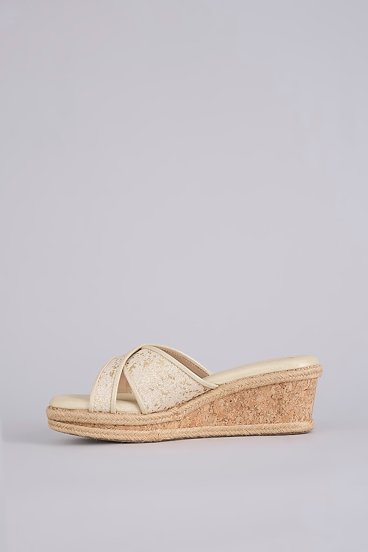 Beige Synthetic Leather Embellished Wedges by Sana K Luxurious Footwear at Pernia's Pop Up Shop