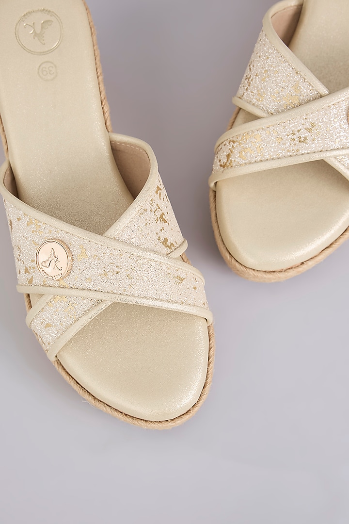 Beige Synthetic Leather Embellished Wedges by Sana K Luxurious Footwear at Pernia's Pop Up Shop