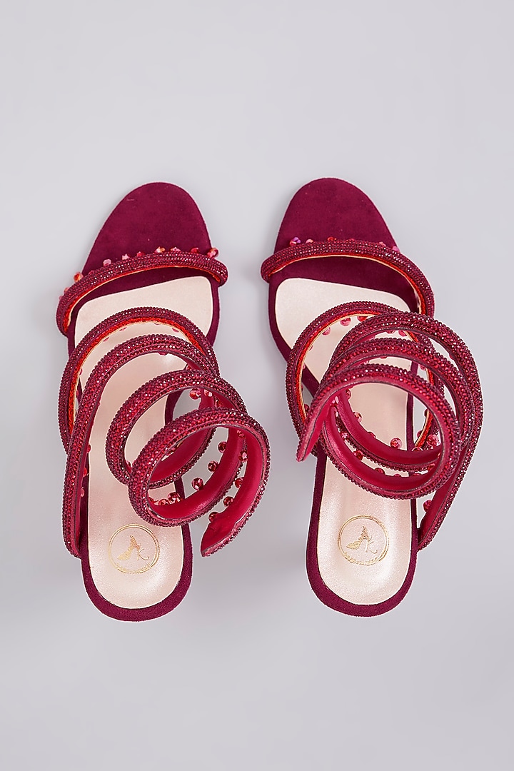 Ruby Red Synthetic Leather Embellished Heels by Sana K Luxurious Footwear at Pernia's Pop Up Shop