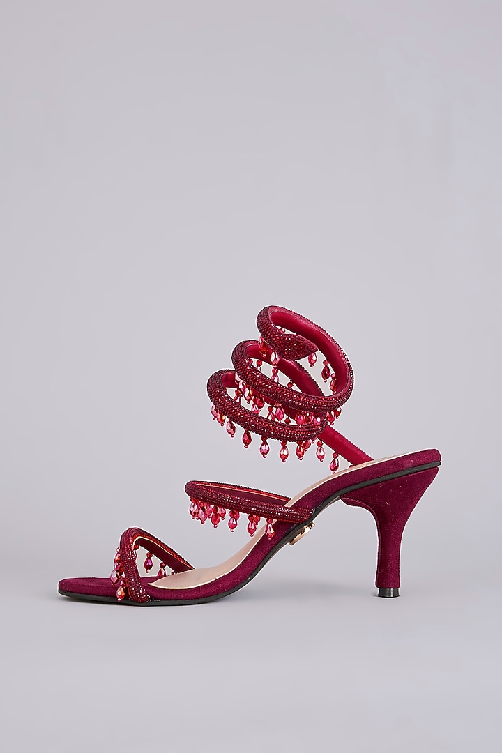Ruby Red Synthetic Leather Embellished Heels by Sana K Luxurious Footwear at Pernia's Pop Up Shop