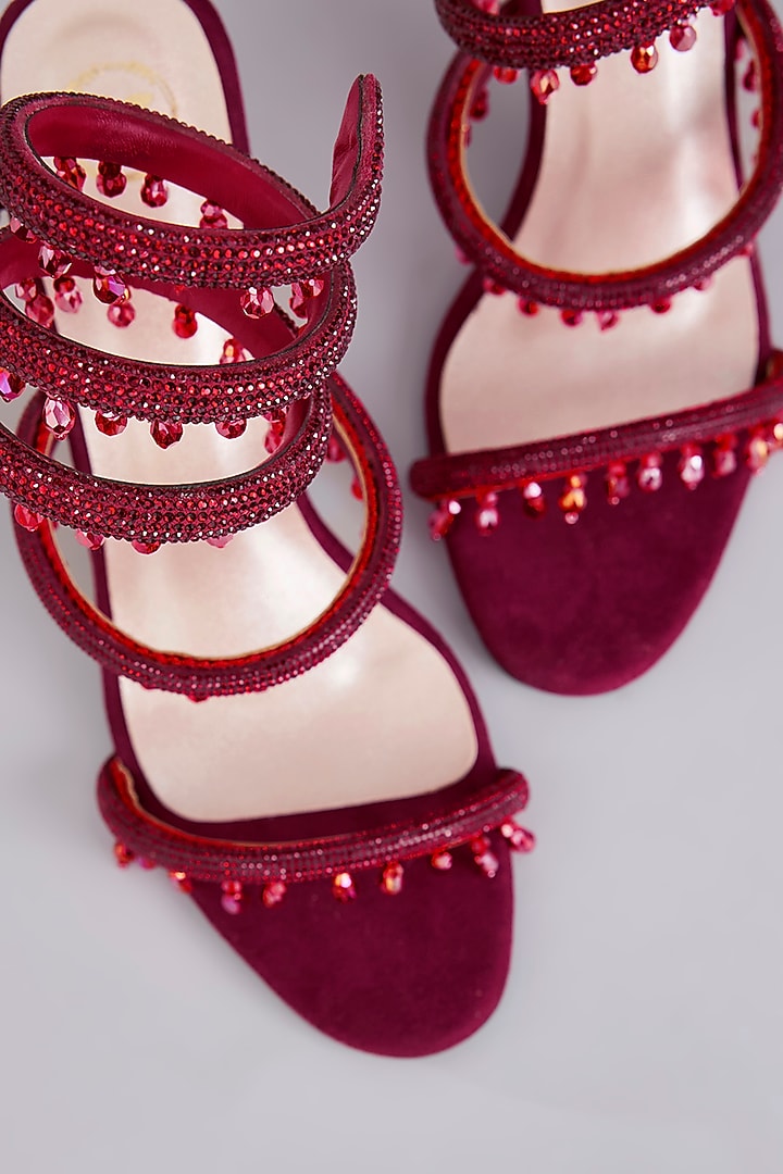 Ruby Red Synthetic Leather Embellished Heels by Sana K Luxurious Footwear at Pernia's Pop Up Shop