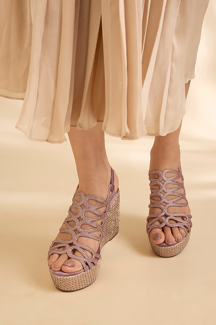 Pink Synthetic Leather Embellished Wedges by Sana K Luxurious Footwear at Pernia's Pop Up Shop