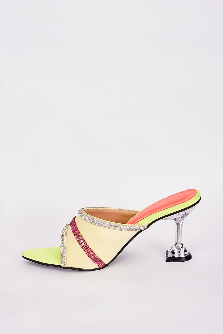 Neon Yellow Synthetic Embellished Heels by Sana K Luxurious Footwear at Pernia's Pop Up Shop