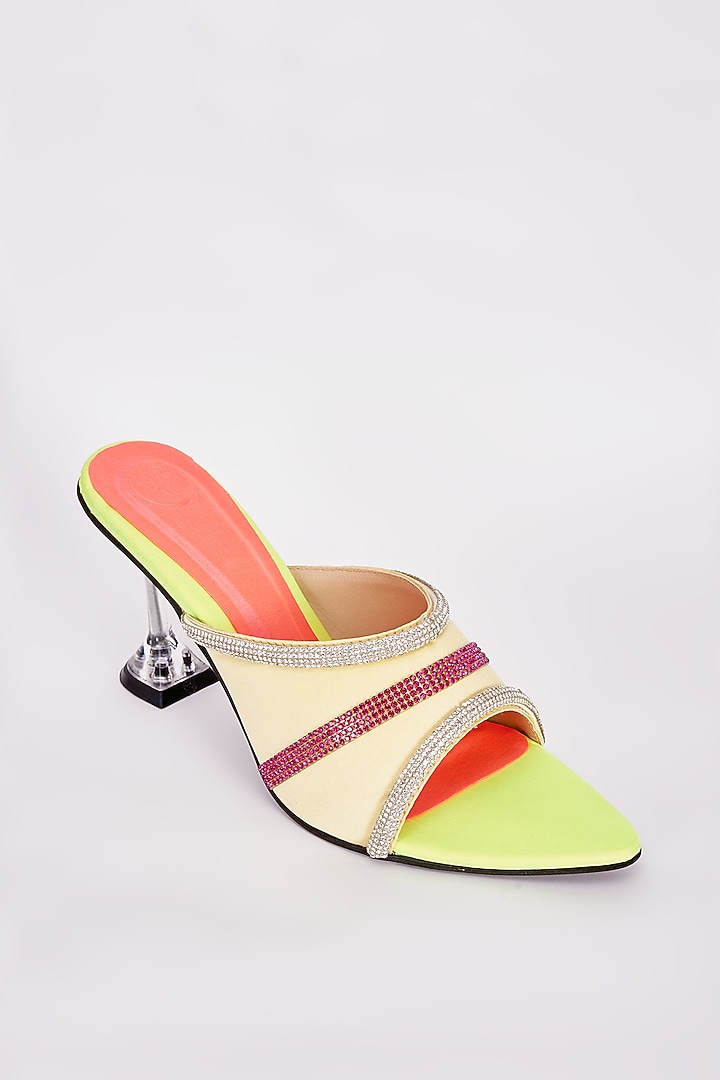 Neon Yellow Synthetic Embellished Heels by Sana K Luxurious Footwear at Pernia's Pop Up Shop