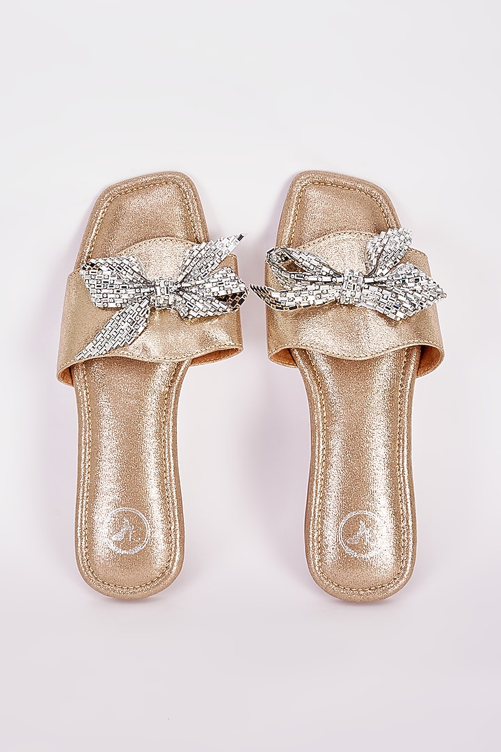 Gold Synthetic Bow Flats by Sana K Luxurious Footwear at Pernia's Pop Up Shop