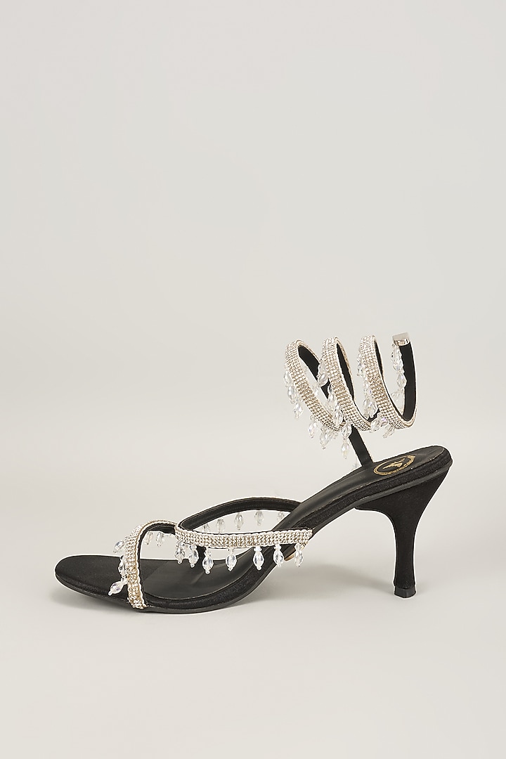 Black Vegan Satin Spring Embellished Heels by Sana K Luxurious Footwear at Pernia's Pop Up Shop