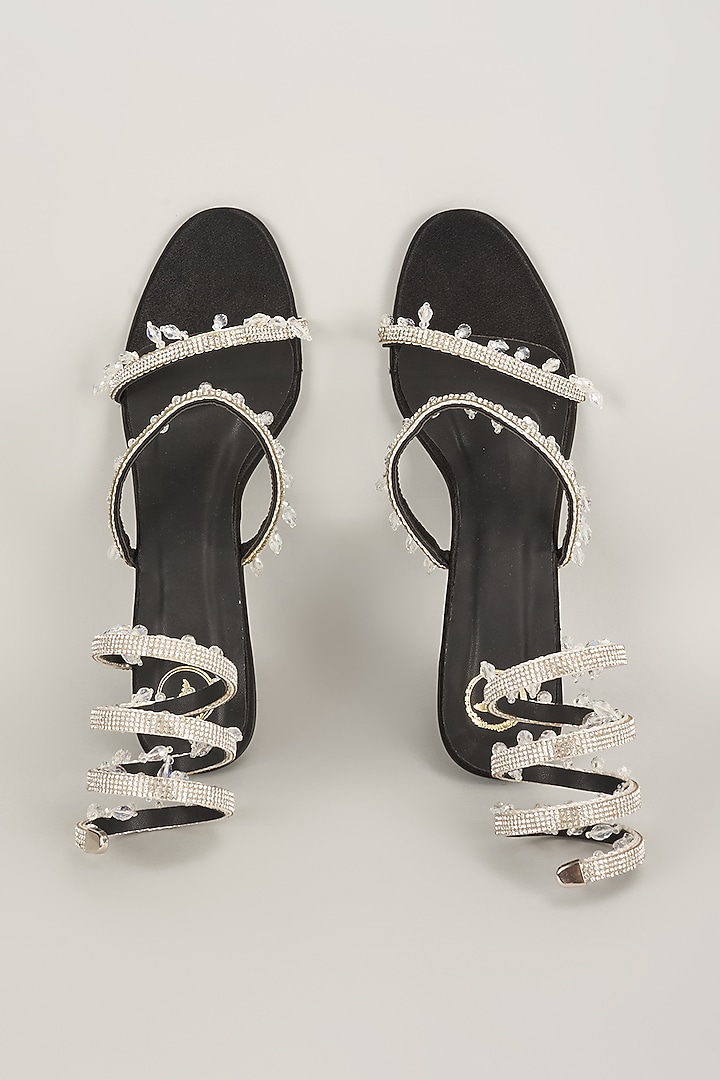 Black Vegan Satin Spring Embellished Heels by Sana K Luxurious Footwear at Pernia's Pop Up Shop