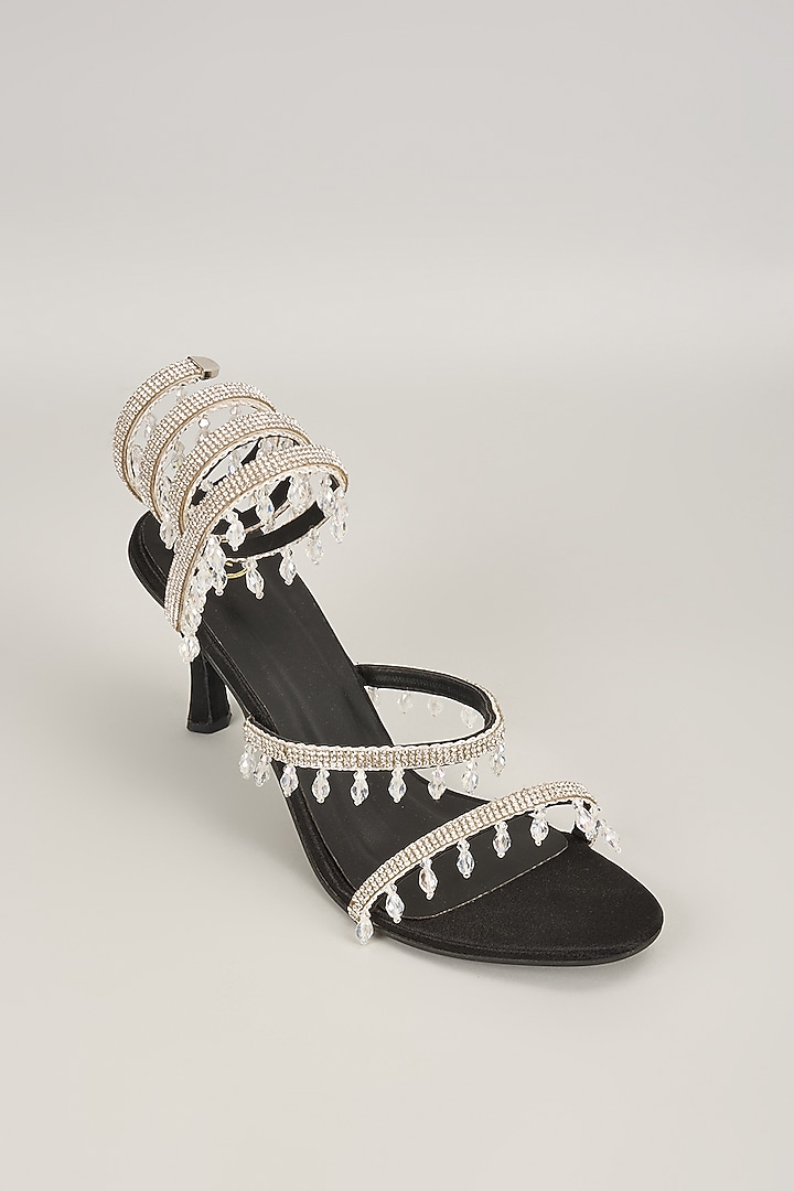 Black Vegan Satin Spring Embellished Heels by Sana K Luxurious Footwear at Pernia's Pop Up Shop