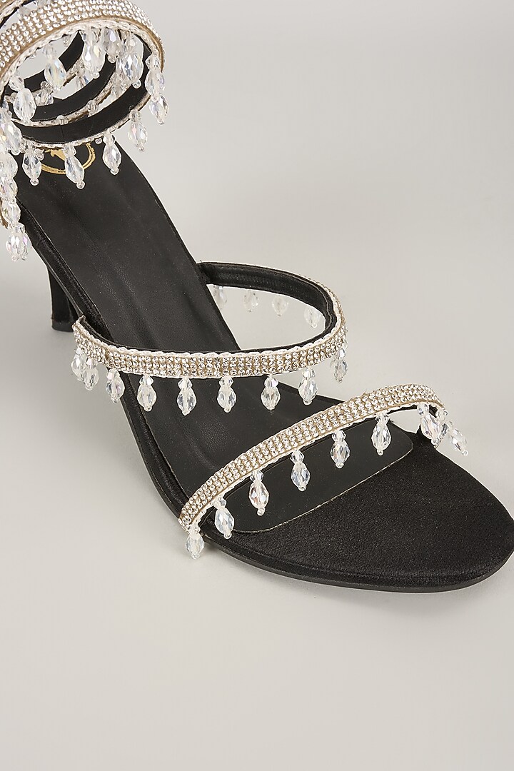 Black Vegan Satin Spring Embellished Heels by Sana K Luxurious Footwear at Pernia's Pop Up Shop