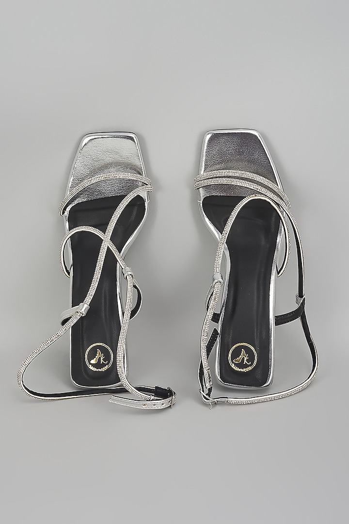 Silver Vegan Faux Leather Rhinestone Heels by Sana K Luxurious Footwear at Pernia's Pop Up Shop