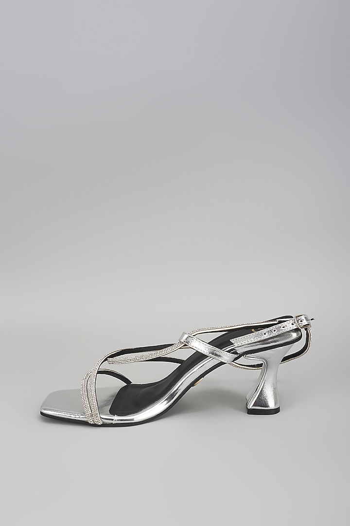 Silver Vegan Faux Leather Rhinestone Heels by Sana K Luxurious Footwear at Pernia's Pop Up Shop
