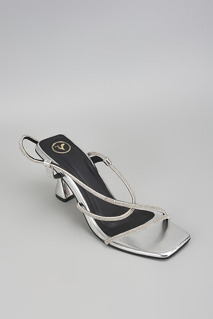 Silver Vegan Faux Leather Rhinestone Heels by Sana K Luxurious Footwear at Pernia's Pop Up Shop