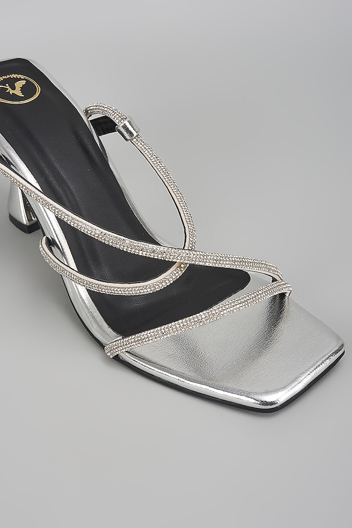 Silver Vegan Faux Leather Rhinestone Heels by Sana K Luxurious Footwear at Pernia's Pop Up Shop
