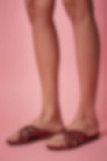 Red Synthetic Rhinestone Work Handcrafted Flats by Sana K Luxurious Footwear at Pernia's Pop Up Shop