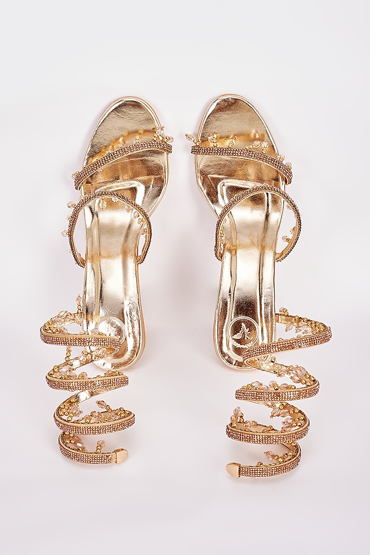 Champagne Gold Synthetic Embellished Heels by Sana K Luxurious Footwear at Pernia's Pop Up Shop