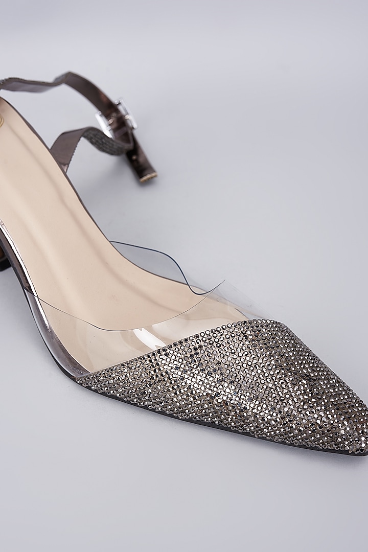 Gun Metal Synthetic & Vegan Diamond Rhinestone Embellished Heels by Sana K Luxurious Footwear at Pernia's Pop Up Shop