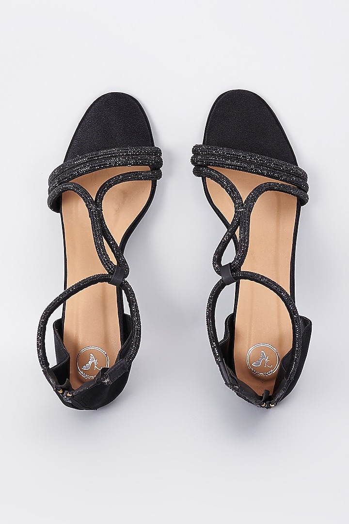 Black Synthetic & Vegan Rhinestone Embellished Bell Bottom Heels by Sana K Luxurious Footwear at Pernia's Pop Up Shop