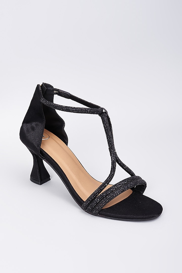 Black Synthetic & Vegan Rhinestone Embellished Bell Bottom Heels by Sana K Luxurious Footwear at Pernia's Pop Up Shop