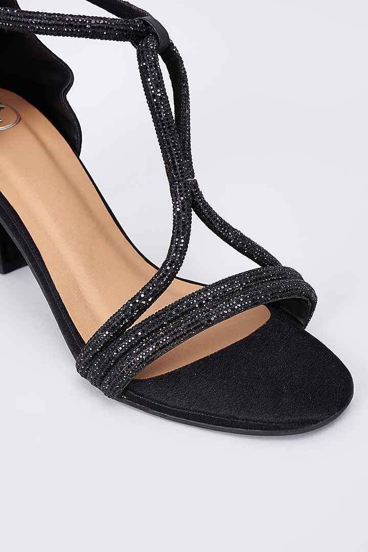 Black Synthetic & Vegan Rhinestone Embellished Bell Bottom Heels by Sana K Luxurious Footwear at Pernia's Pop Up Shop
