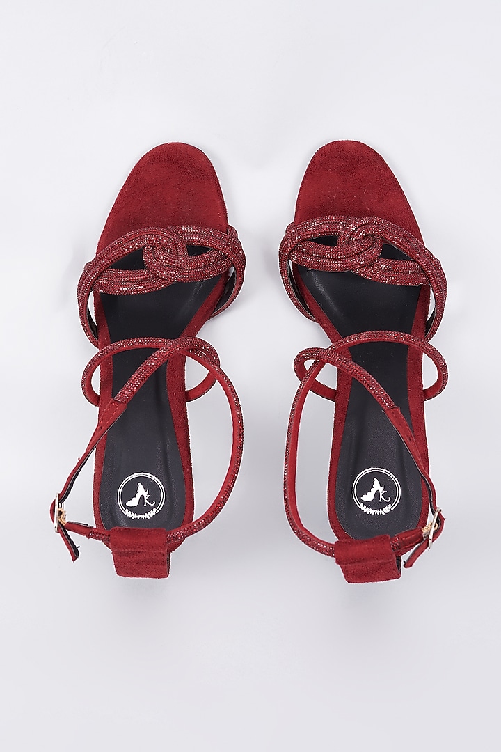 Ruby Red Synthetic & Vegan Rhinestone Embellished Bell Bottom Heels by Sana K Luxurious Footwear at Pernia's Pop Up Shop