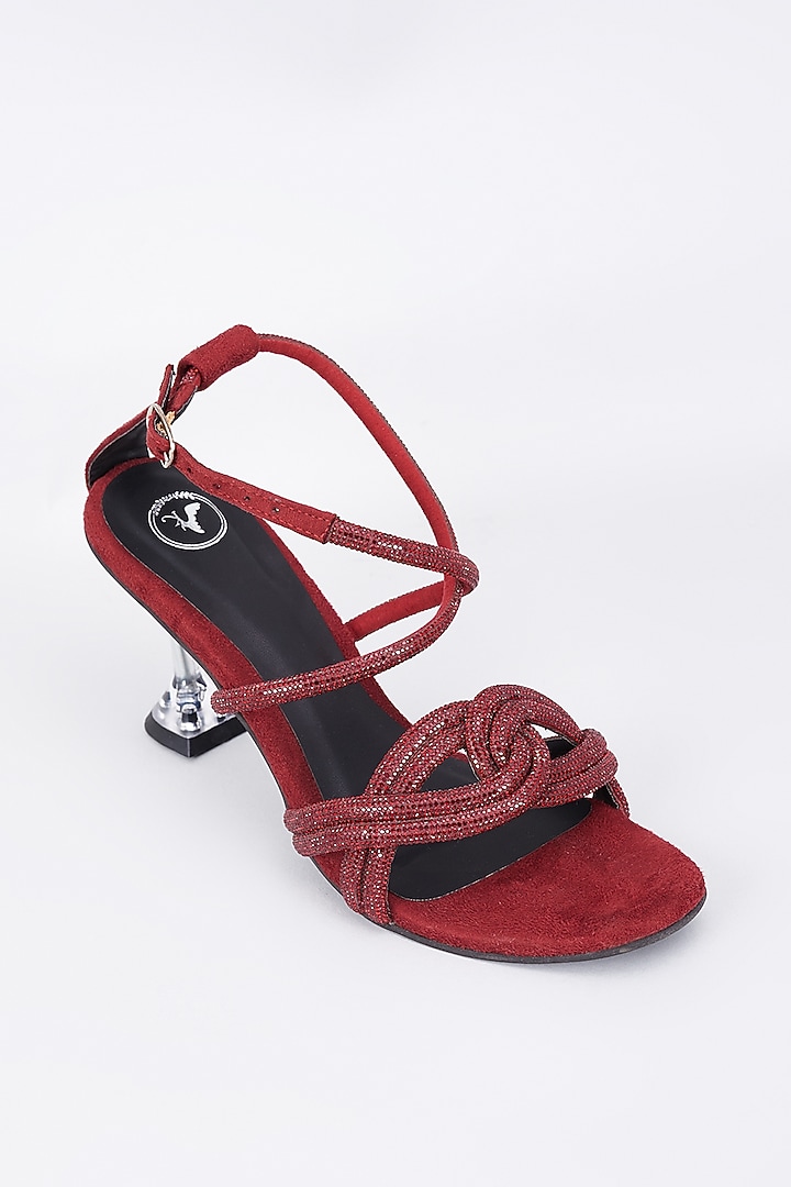 Ruby Red Synthetic & Vegan Rhinestone Embellished Bell Bottom Heels by Sana K Luxurious Footwear at Pernia's Pop Up Shop